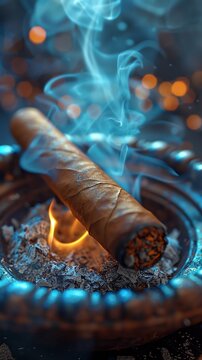 Elegant cigar burning in ornate ashtray with blue smoke swirling in graceful patterns. Premium tobacco product in atmospheric, intimate setting.
