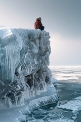 Hunter crouched behind an ice boulder, seal in sight, vast frozen expanse, intense focus and strategy, survival in the wild, copy space