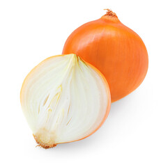 Yellow whole and sliced onion, isolated on white background, closeup.