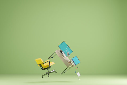Work job / multitasking balance concept. Floating desk and computer.