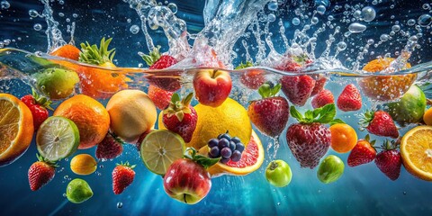 Vibrant fruits submerged in water with water splashes and aquarium backdrop