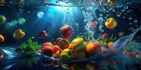 Close up of fresh fruit splashing in water with an aquarium background