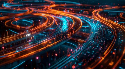 Futuristic highway with glowing lights for technology or transportation designs