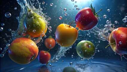 Close up of various fruits dropping into water with water splashes