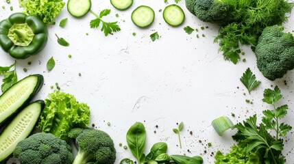 Fresh Border of Green Vegetables on White Background - Healthy Raw Food Concept