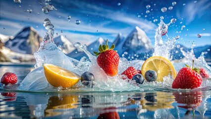 Close up shot of a fresh fruit splashing into water with icebergs in the background