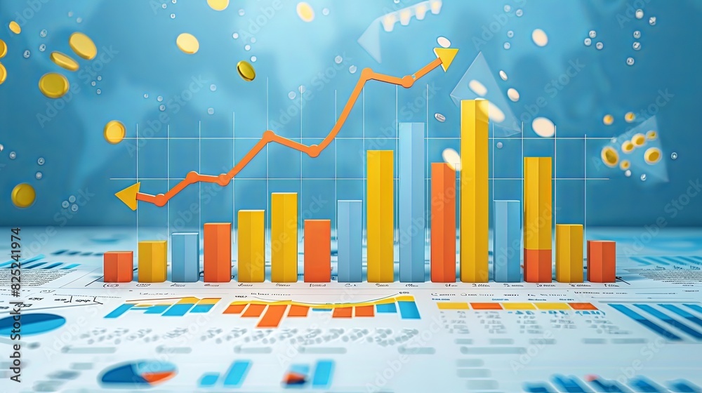 Poster Financial Analysis Report Visualization with Dynamic Charts and Growing Line Graph on Blue Background