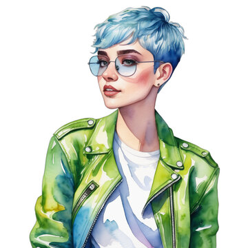 Watercolor Painting Illustration Transparent .PNG of Brazilian LGBTQ+ Thin-legged body Lime hair Pixie Cut celebrating pride wearing Baby blue Asexual leather jacket