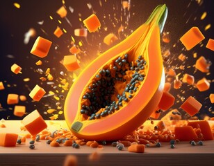 Surreal poster of a papaya exploding into neatly cut pieces, suspended in an empty void to focus on the fruit s tropical flavor and appeal