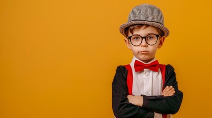 Back to school concept. Young boy with a hat and glasses, dressed in a red bow tie and suspenders, standing with arms crossed against a yellow background.