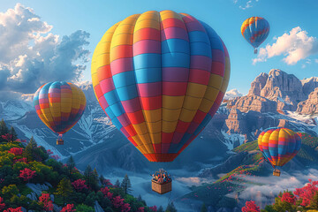 Naklejka premium Hot air balloons with colorful panels soar above the landscape and passengers enjoy the adventure