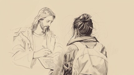 Biblical Illustration of a Person Studying Scripture with Jesus's Image Providing Wisdom