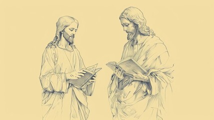 Fototapeta premium Jesus Standing Beside a Person Facing a Difficult Decision, Offering Guidance, Biblical Illustration of Support and Wisdom