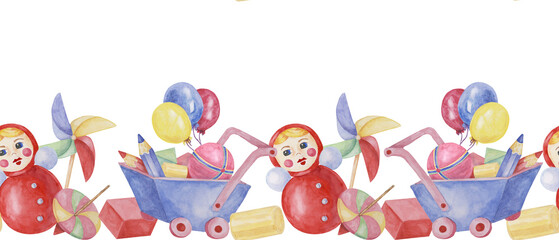 Toys seamless border, doll with pinwheel, humming top, balloons, blue cart and pencils ribbon clipart. Watercolor play objects wallpaper for nursery decor, fabric, baby shower, girl toddler room