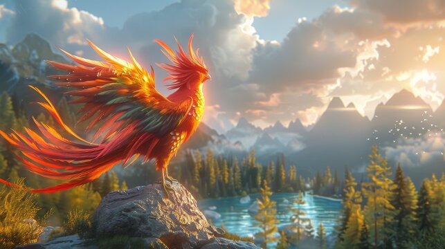 A fantasy phoenix bird with heaven background