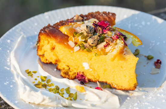 A sunlit slice of polenta cake