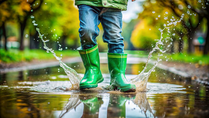 Feet of Child in Green Rubber Boots Jumping Over a Puddle