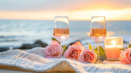 Photo of a romantic beach setting with two glasses of white wine, pink roses, and a candle on a blanket, with a sunset over the ocean in the background.