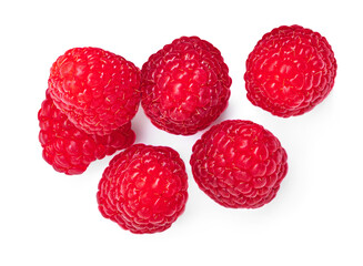 Raspberry isolated. Fresh raspberries on white background. Heap of rasbrries top view, flat lay.