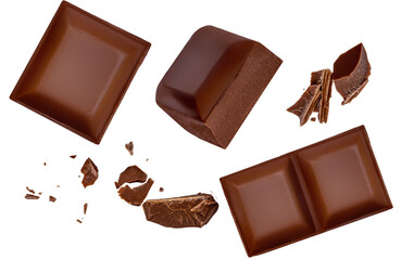 Chocolate explosion isolated on white.  Flying Chocolate pieces  Top view. Package design elements Flat lay. Top view..