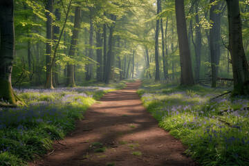 Fototapeta premium A photograph of a forest path in spring, surrounded by fresh green foliage, dappled sunlight filtering through the trees, a carpet of bluebells lining the path. Background of tall trees with new