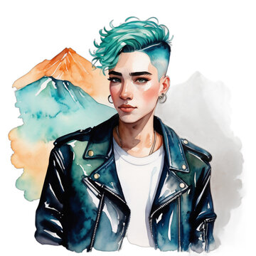 Watercolor Painting Illustration Transparent .PNG of New Zealander LGBTQ+ Boyish body Turquoise hair Buzz Cut celebrating pride wearing Apricot Asexual leather jacket