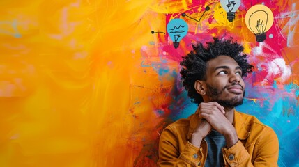 Creative Breakthrough - Young Man in Eureka Moment Surrounded by Whimsical Doodles on Vibrant Yellow Background for Promotions and Presentations
