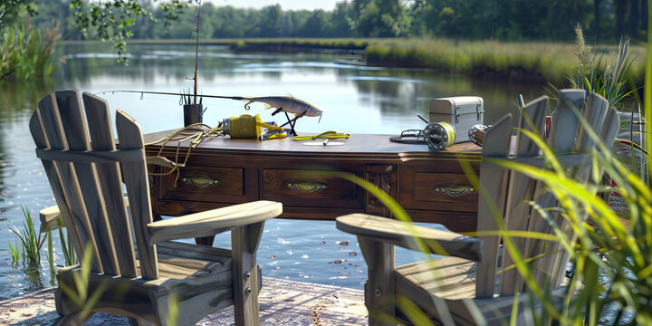 Ol' Man River Desk: An executive desk overlooking a river or lake, complete with fishing gear and a pair of comfortable chairs, symbolizing the close connection Southerners have with their
