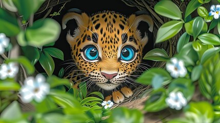 Adorable cartoon leopard cub with big blue eyes peeking through greenery, surrounded by white flowers. Cute and playful wildlife illustration.