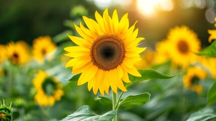 Obraz premium Bright sunflower blooming in a sunny field. Close-up capturing the vibrant yellow petals and green leaves on a clear summer day.