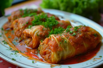 Delectable stuffed cabbage rolls garnished with fresh parsley on a plate, topped with rich tomato sauce