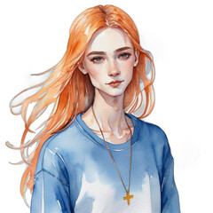 Watercolor Painting Illustration Transparent .PNG of Ukrainian LGBTQ+ Long-limbed body Tangerine hair Blunt Cut celebrating pride wearing Powder blue Queer long-sleeve shirt