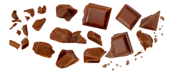Chocolate explosion isolated on white.  Flying Chocolate pieces  Top view. Package design elements Flat lay. Top view..