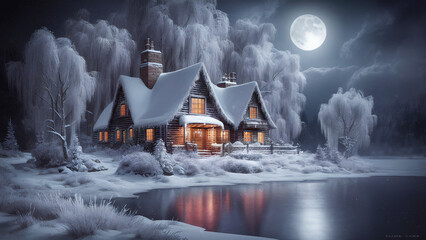 A magical winter scene with a snow-covered landscape and a cozy cabin nestled among tall, frosted trees.