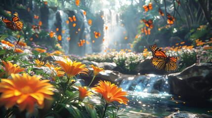 A waterfall surrounded by orange flowers and butterflies