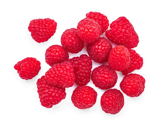 Raspberry isolated. Fresh raspberries on white background. Heap of rasbrries top view, flat lay.
