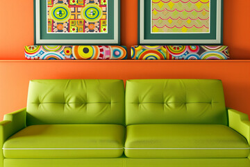 Eclectic art space with a lime green sofa and two horizontal poster frames featuring colorful eclectic patterns, on a vibrant orange wall.