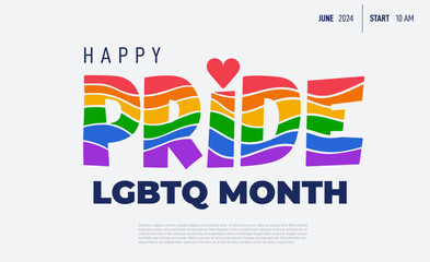 LGBT Pride Month in June 2024. Symbol of lesbian, gay, bisexual, transgender, and queer. LGBT movement. LGBTQ community. Celebrated annual. Vector Rainbow Happy Pride sign with heart.