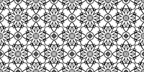 Monochromatic geometric patterns are repeated symmetrically on the frame,resulting in a continuous and seamless design.Shapes form a complex yet orderly tessellation with a floral motif its centre.AI