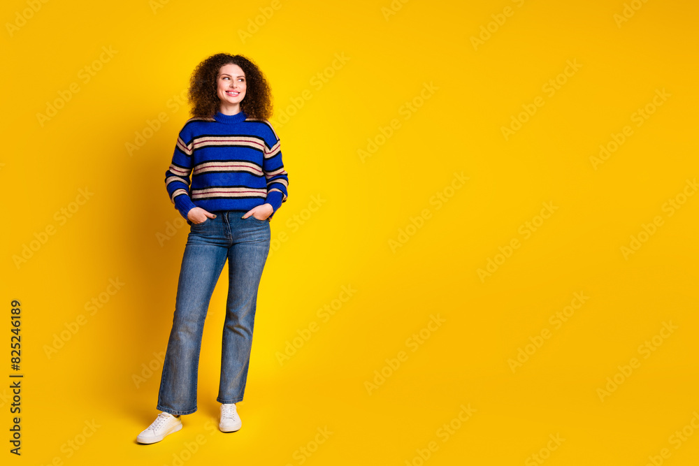 Wall mural Full size photo of good mood girl with wavy hairstyle wear knit pullover look at discount empty space isolated on yellow color background