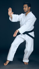 Karate, master and man training in martial arts on studio, black background and practice exercise. Serious, fight and person with skill in self defence technique, action or fighter gesture with hands