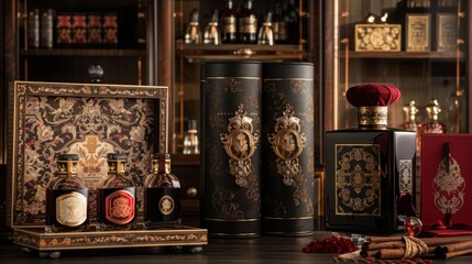 Various bottles of liquor are displayed on a tabletop.