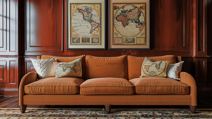 Classic living room with a camel brown sofa and two horizontal poster frames showing vintage map prints, on a rich mahogany wall.