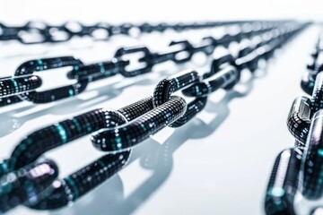 3d rendering of a blockchain. The chain is made up of blue and black links. The background is white.