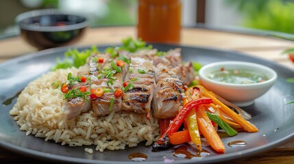 Grilled Pork Brown Rice: Picture of brown rice with grilled pork and fresh vegetables. By adding dipping sauce when eating.