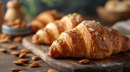 cozy bakery setting complete with fresh croissants topped with almonds, evoking warmth and charm