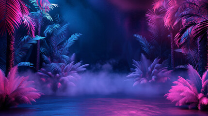  Neon Jungle: surreal pink and blue tropical landscape. Copy space. Generative AI	