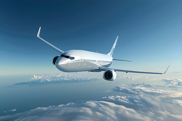High-Flying Modern Commercial Airplane in Clear Blue Sky Showcasing Aviation Advancements and Human Innovation