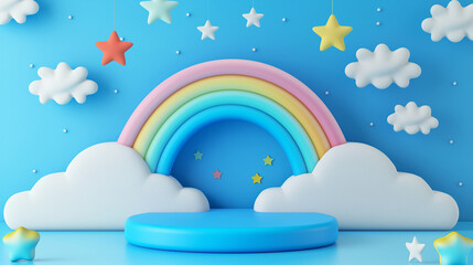 Dreamy Cloud and Rainbow Nursery Background with Stars. Copy space. Generative AI	