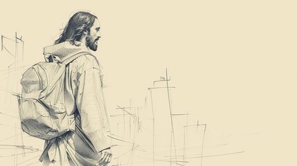 Jesus Walking Through a Modern City, Spreading Love and Peace, Biblical Illustration of His Eternal Presence